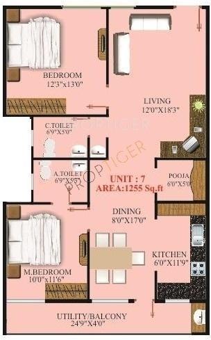 Vesta Ramya Residency (2BHK+2T (1,255 sq ft)   Pooja Room 1255 sq ft)