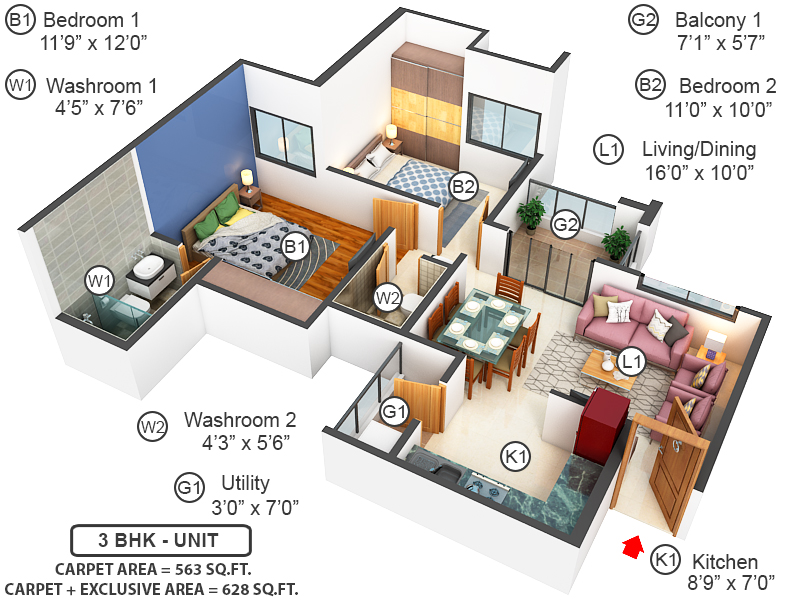 3DFloorPlan of Saheel Itrend Homes Phase II Wing B