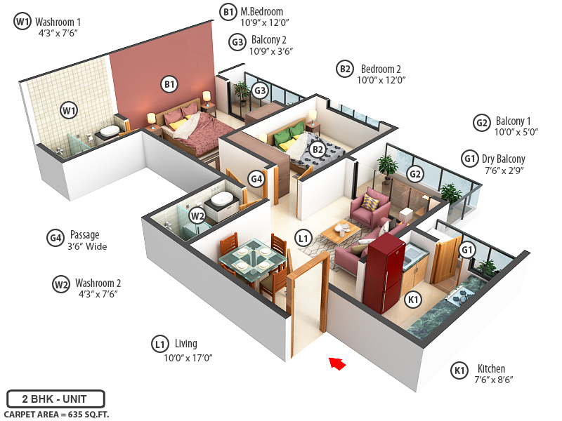 3DFloorPlan of Goel Ganga Newtown Phase 2