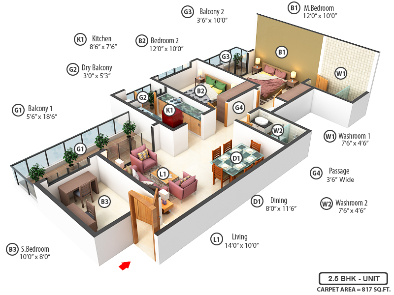 3DFloorPlan of Goel Ganga Newtown Phase 2
