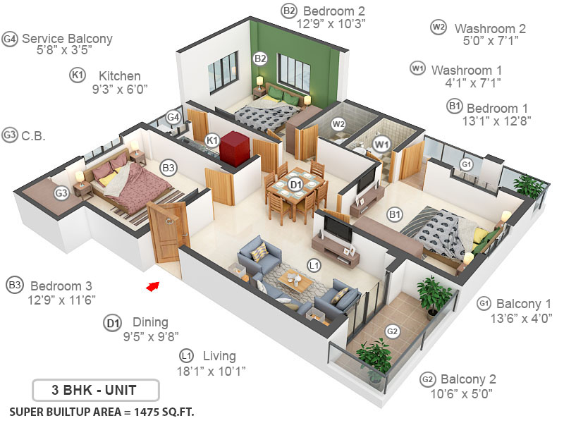 3DFloorPlan of Danish New Kol Cum West Co Operative Housing Society