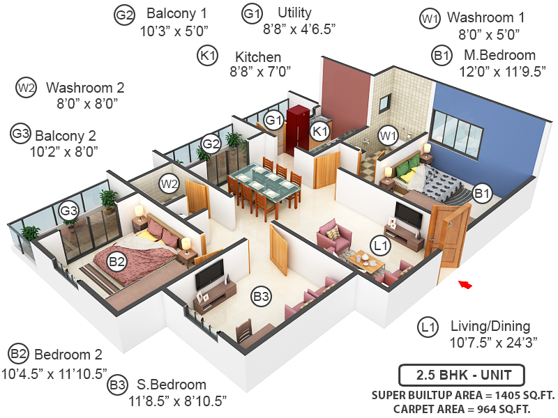 3DFloorPlan of Shriram Park 63 Phase 2B