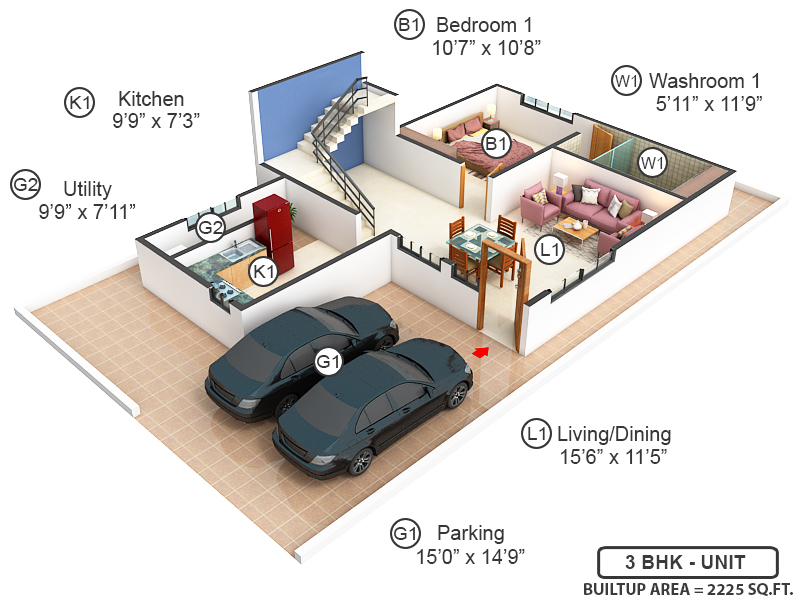 3DFloorPlan of Abhee Prakruthi Villa