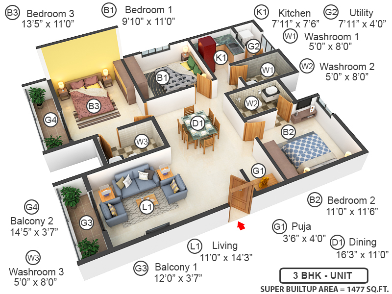 3DFloorPlan of Suguna Pristine Square