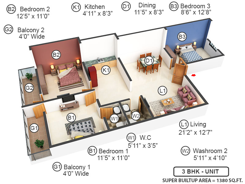 3DFloorPlan of Ganapati Apartment 2