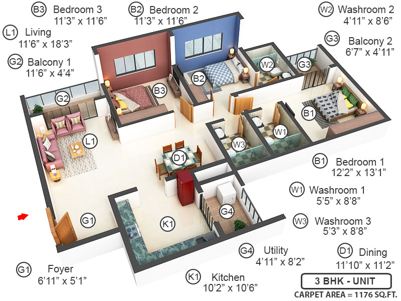 3DFloorPlan of Sobha Manhattan Towers Town Park Phase 1 W 4 And 5