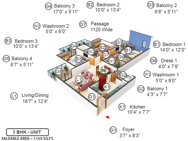 3DFloorPlan of Godrej Serenity Sohna