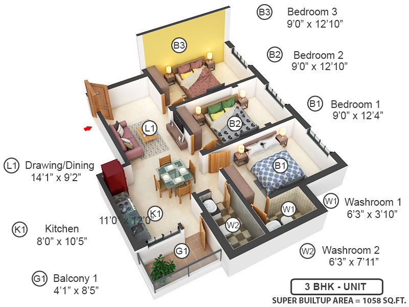 3DFloorPlan of Shrey Apartment Phase 1