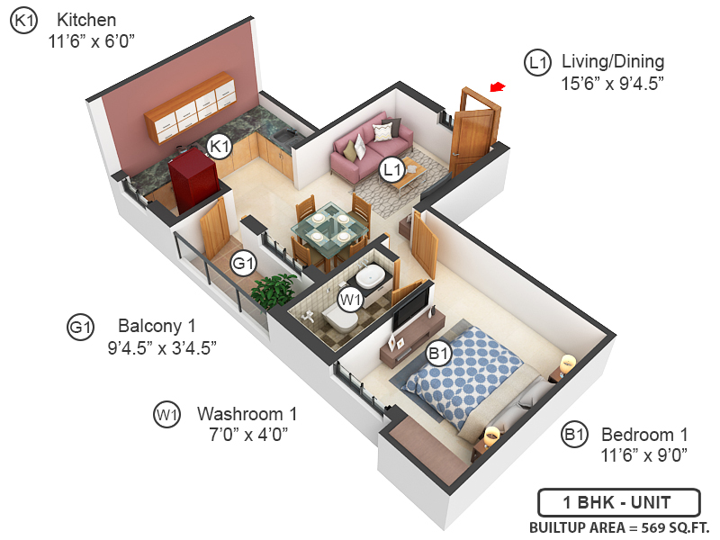 3DFloorPlan of Green Sakthi Flats