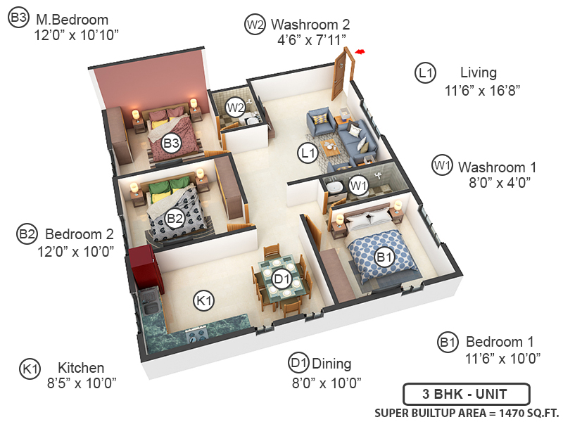 3DFloorPlan of Meenaakshi Gardenia