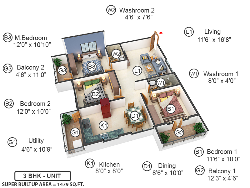 3DFloorPlan of Meenaakshi Gardenia