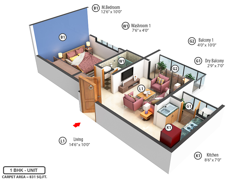 3DFloorPlan of Goel Ganga Newtown Phase 2