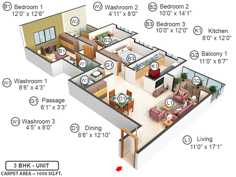 3DFloorPlan of Tharwani Majestic Towers Phase I
