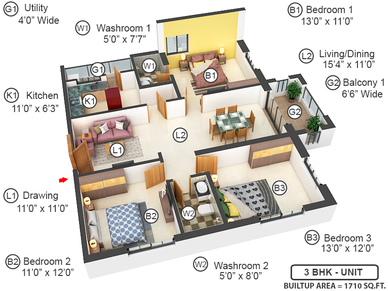 3DFloorPlan of Sri Sindhu Fortune Heights