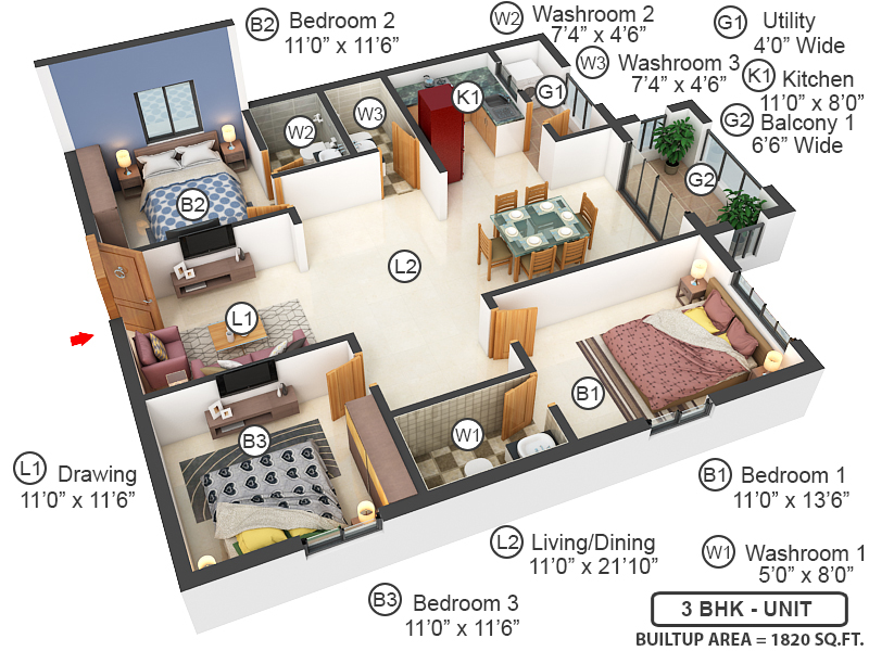 3DFloorPlan of Sri Sindhu Fortune Heights