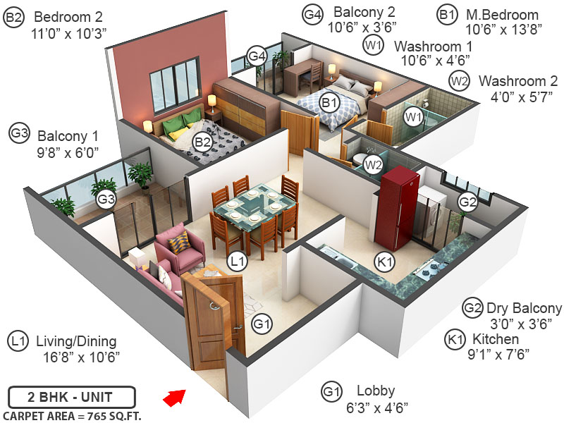 3DFloorPlan of Surya Skies B And C Wing