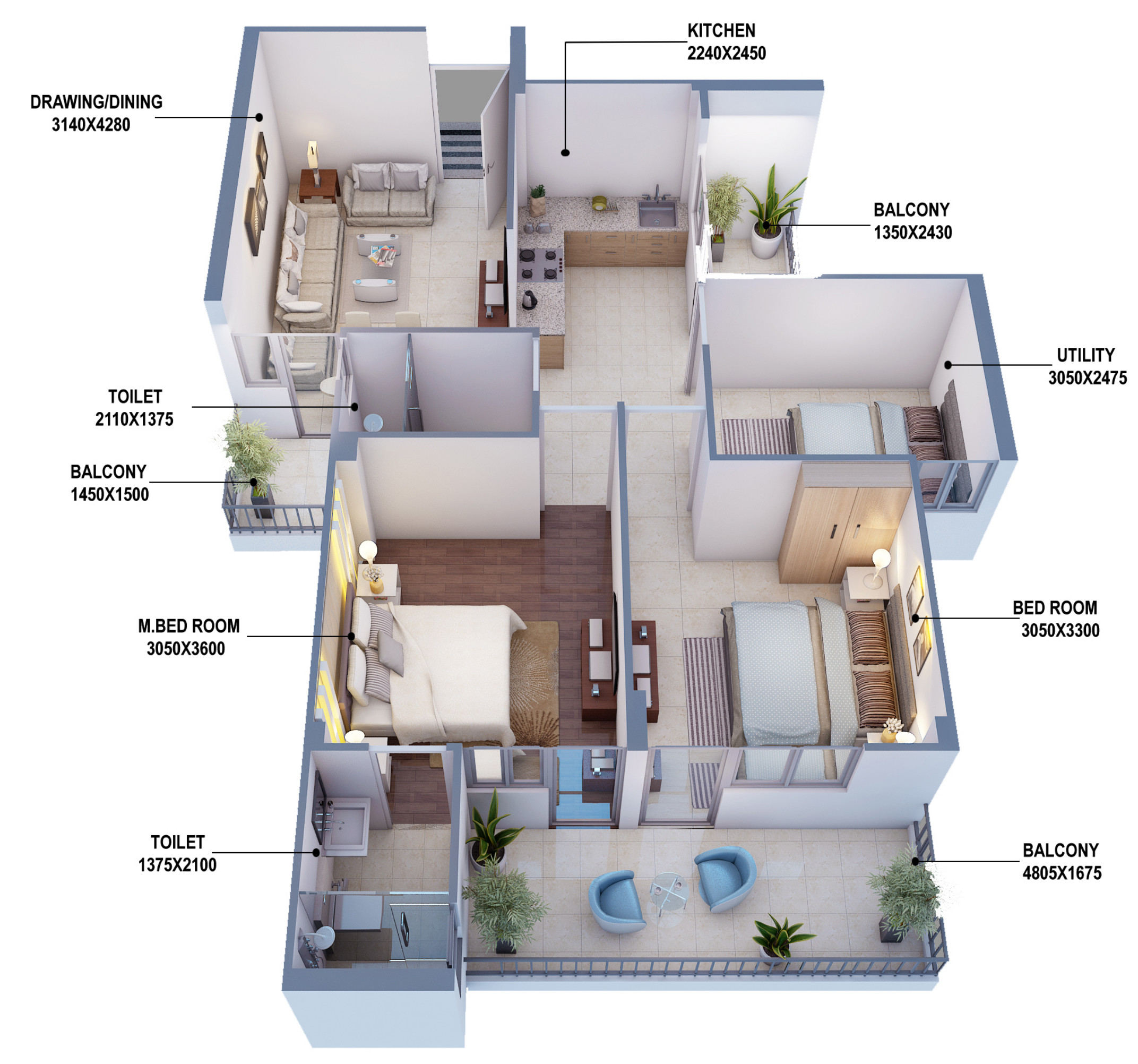 3DFloorPlan of Mahira Homes 104