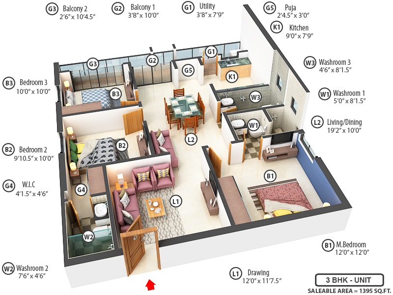 3DFloorPlan of GNR Vasavi Nirvana