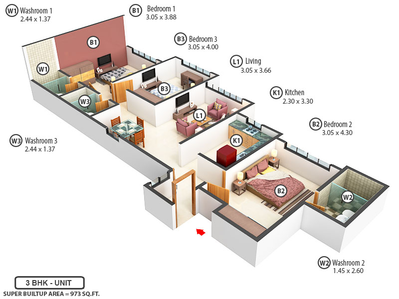 3DFloorPlan of K Raheja Interface Heights