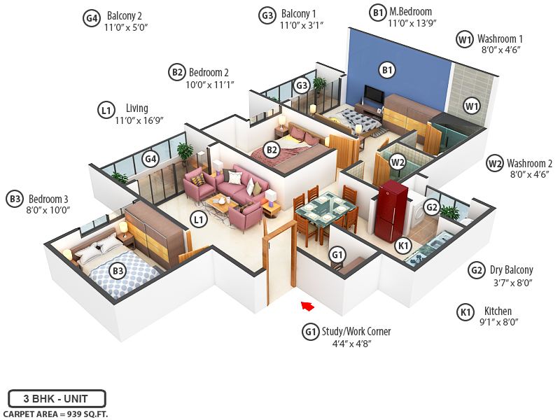 3DFloorPlan of Kohinoor Westview Reserve Tower A1 A2 A3 And A4