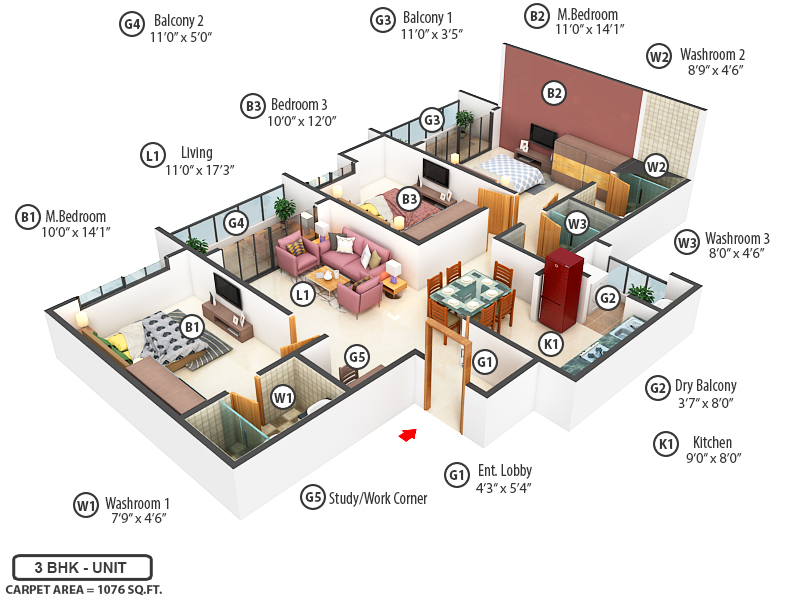 3DFloorPlan of Kohinoor Westview Reserve Tower A1 A2 A3 And A4