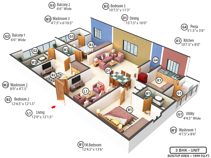 3DFloorPlan of Green Leaves Aura