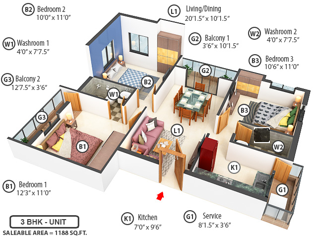 3DFloorPlan of Sri Balaji Residency