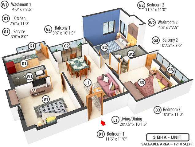3DFloorPlan of Sri Balaji Residency