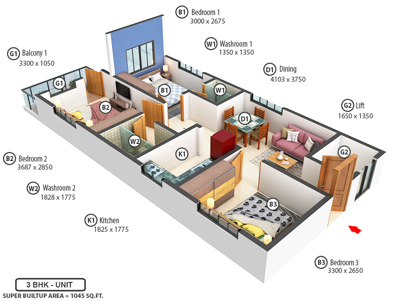 3DFloorPlan of Ganapati Swarnataree Apartment
