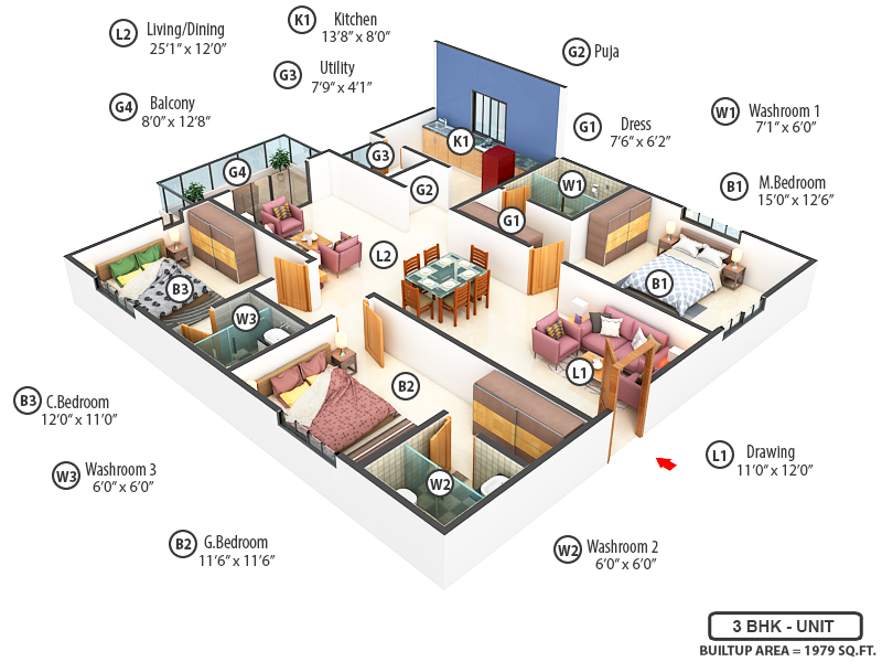 3DFloorPlan of Aastha Gardenia