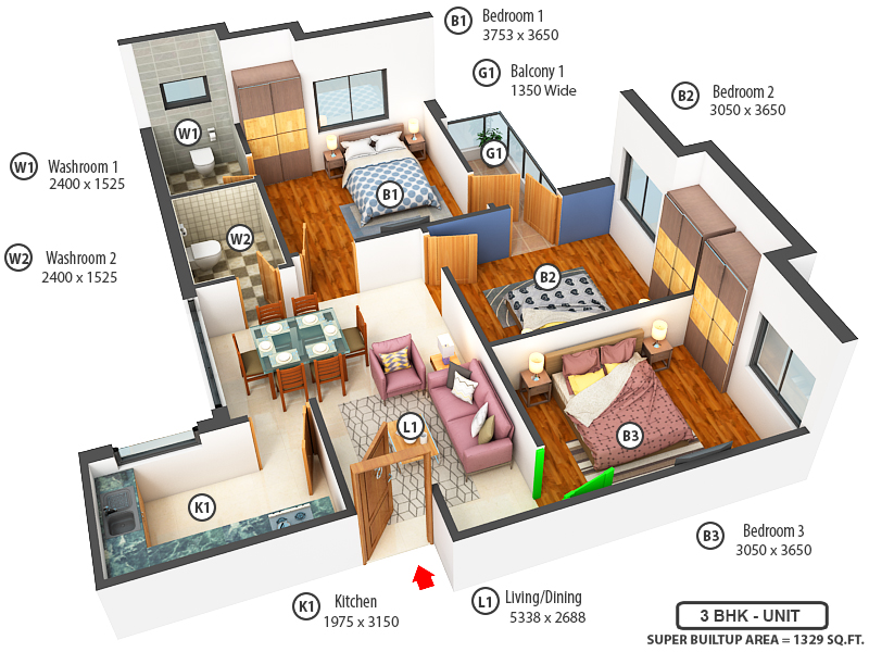 3DFloorPlan of Siddhi Vinyak Megacity