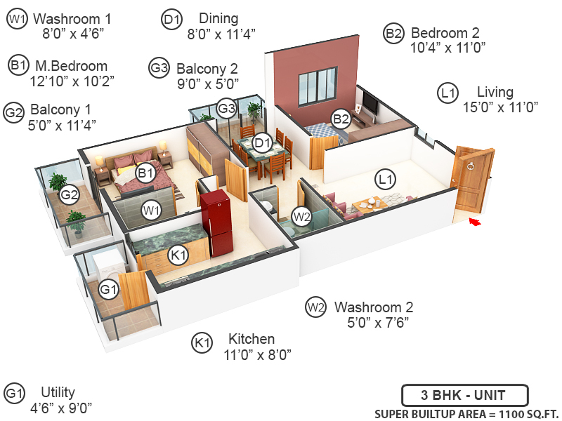 3DFloorPlan of Priyanka Silver Woods