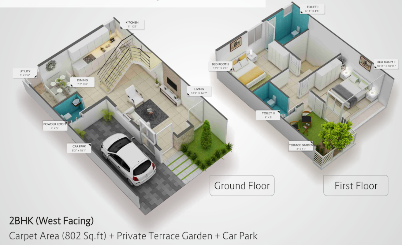3DFloorPlan of Brick And Land Garden And Skies