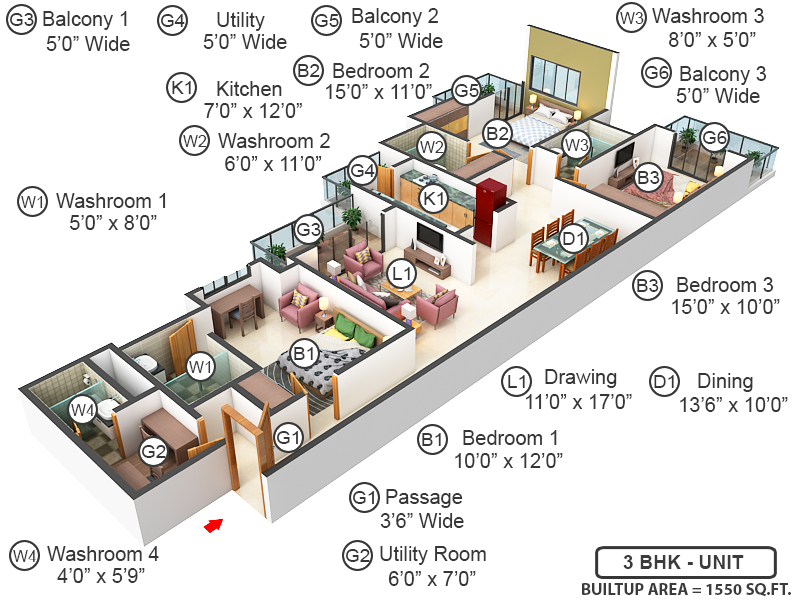 3DFloorPlan of Mahagun Moderne