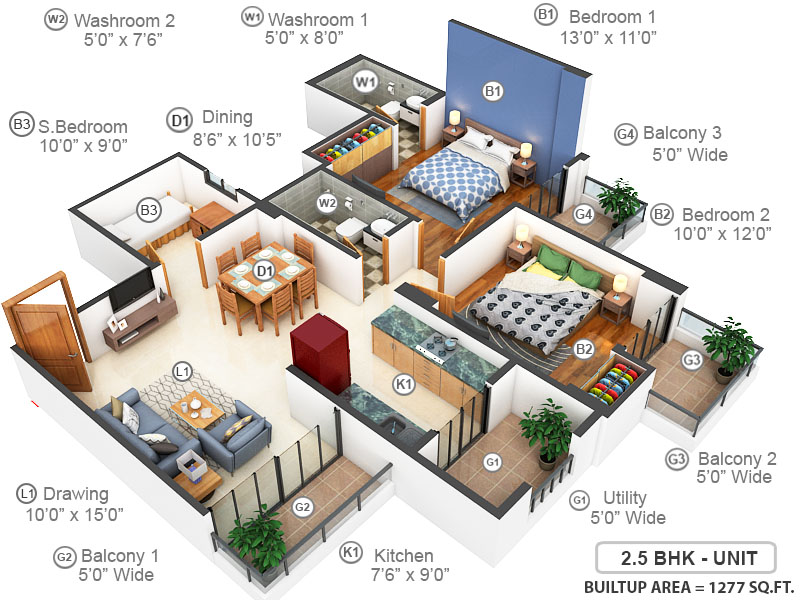 3DFloorPlan of Ajnara Daffodil