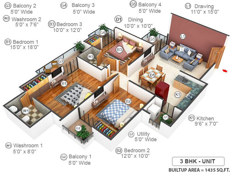 3DFloorPlan of Ajnara Daffodil