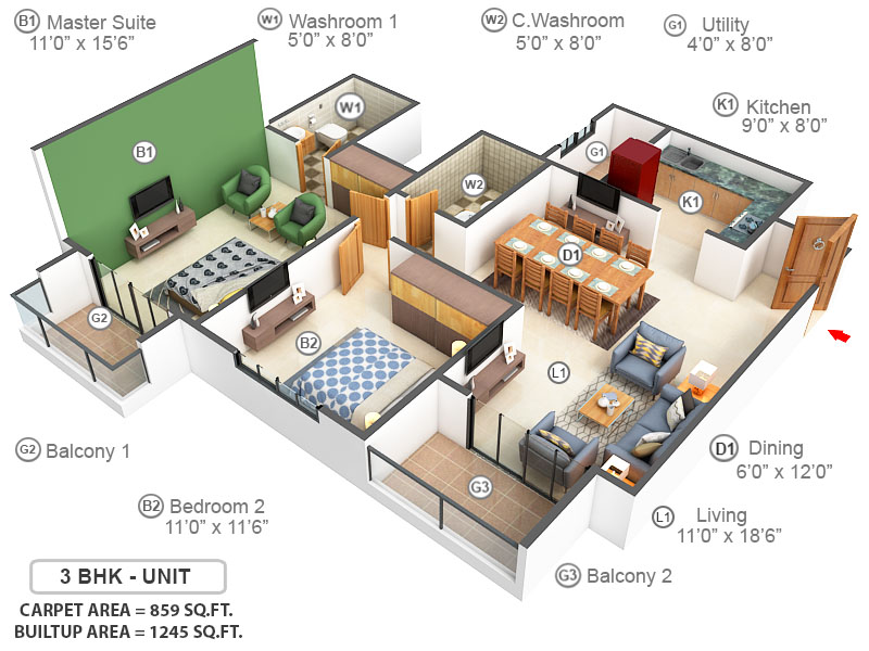 3DFloorPlan of Hiranandani Glen Gate