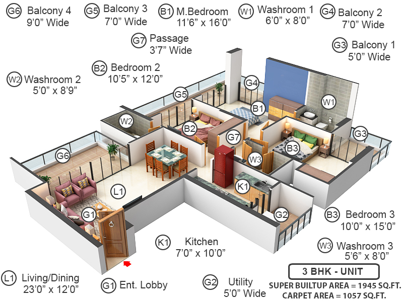 3DFloorPlan of Mahagun Meadows Highrise