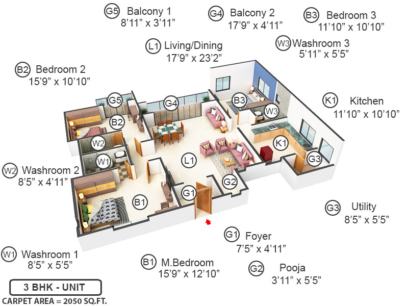 3DFloorPlan of L&T Eden Park Almond