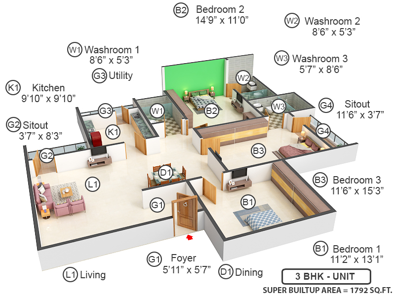 3DFloorPlan of Sobha Daffodil
