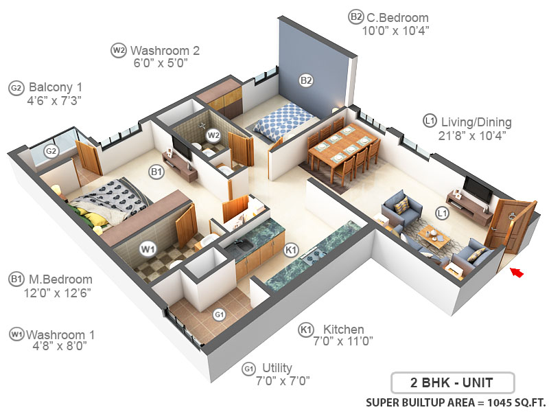 3DFloorPlan of Mahendra Aarna Tower 1 to 4