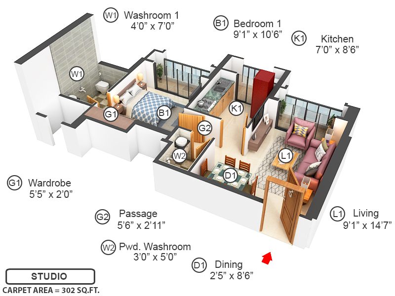 3DFloorPlan of Hiranandani Solitaire Studio Apartment