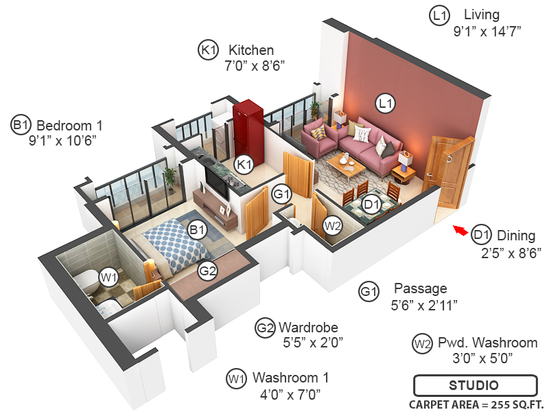 3DFloorPlan of Hiranandani Solitaire Studio Apartment