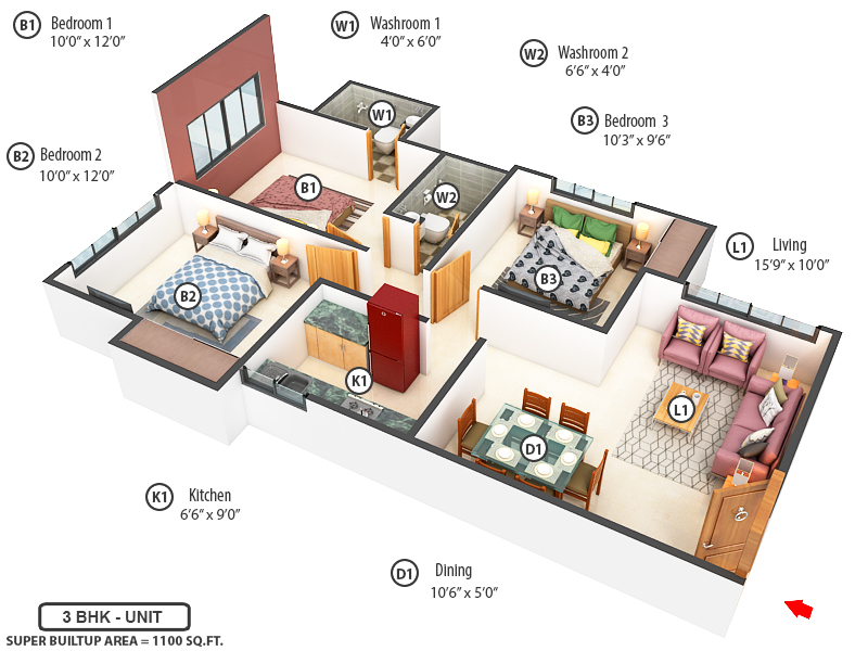 3DFloorPlan of Dosti Residency