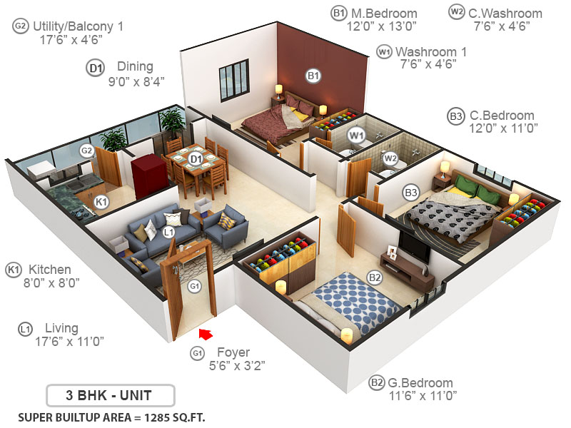 3DFloorPlan of Star Gold Sree Sai Heritage
