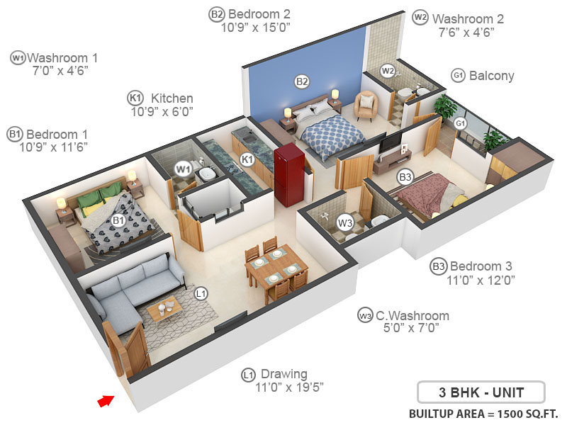 3DFloorPlan of Kiera Silver Oakwood Apartment