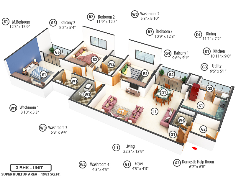 3DFloorPlan of Sobha Rajvilas
