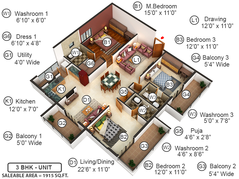 3DFloorPlan of Niharika Landmark Phase 1