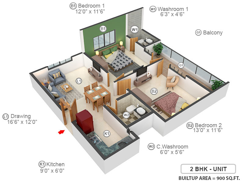 3DFloorPlan of Kiera Silver Oakwood Apartment