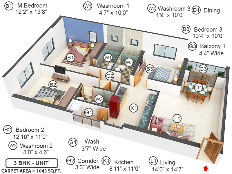 3DFloorPlan of Siddha Sky Phase 4